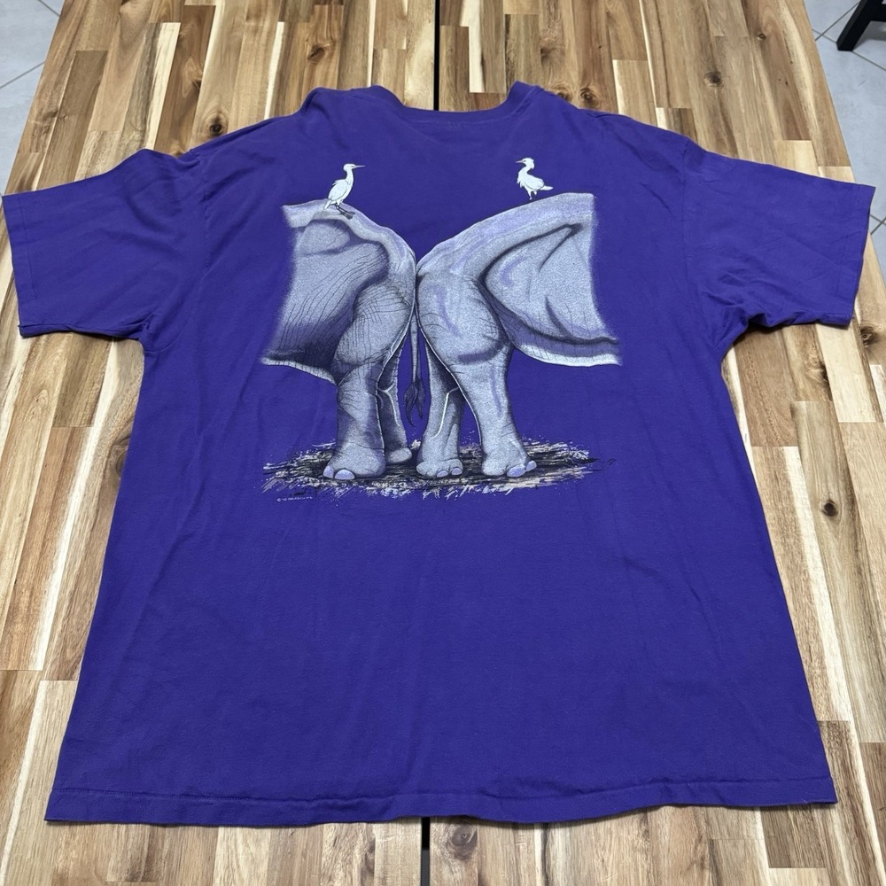 Vintage Nature Shirt Mens 2XL Hanes Purple Elephants Double Side Asia Africa 90s - Picture 4 of 7